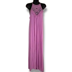 M Cy Fashions Pink Embroidered Lace Maxi Dress Sleeveless Stretch Medium Boho
